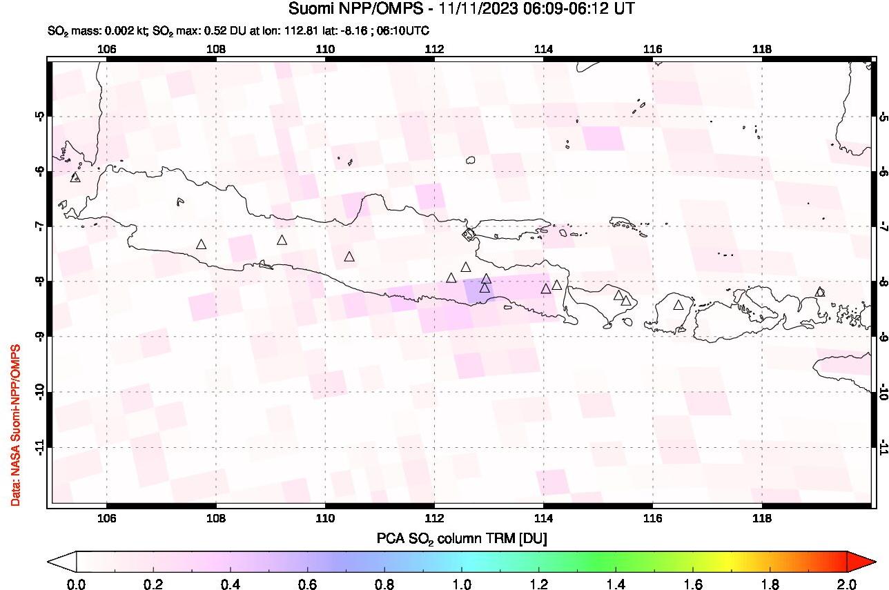 A sulfur dioxide image over Java, Indonesia on Nov 11, 2023.