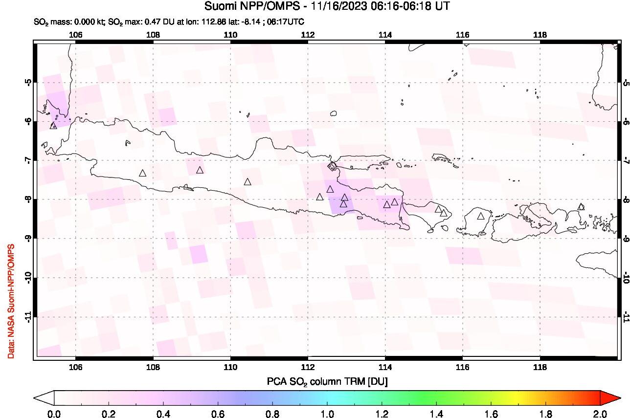 A sulfur dioxide image over Java, Indonesia on Nov 16, 2023.