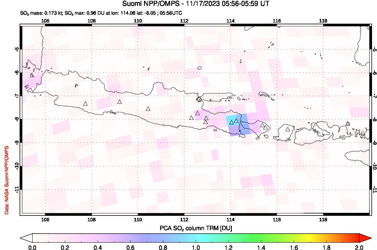 A sulfur dioxide image over Java, Indonesia on Nov 17, 2023.
