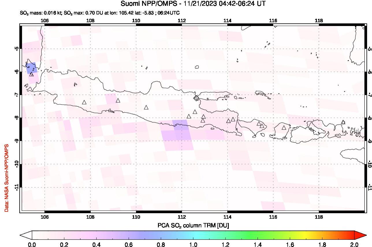 A sulfur dioxide image over Java, Indonesia on Nov 21, 2023.