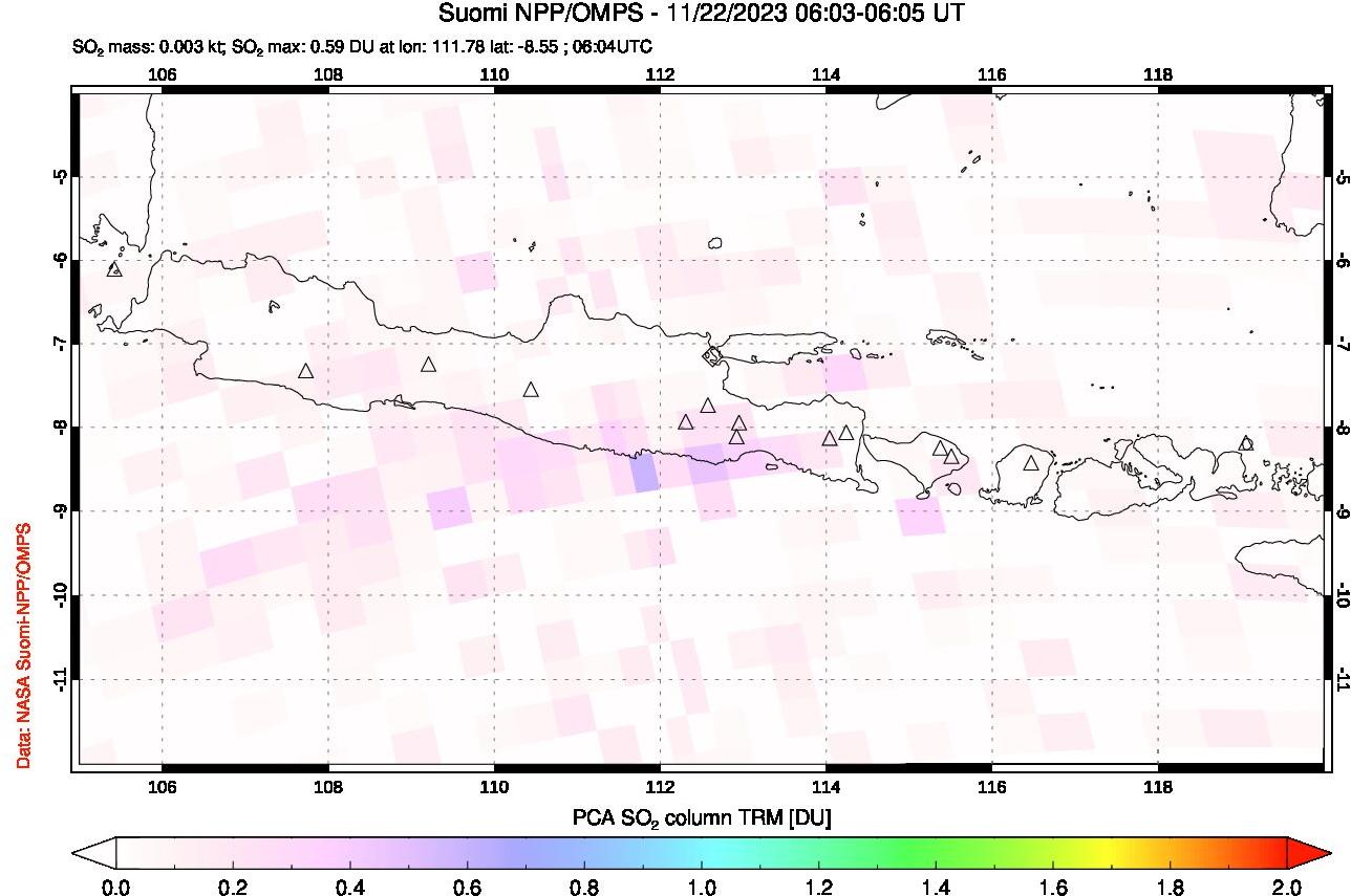 A sulfur dioxide image over Java, Indonesia on Nov 22, 2023.