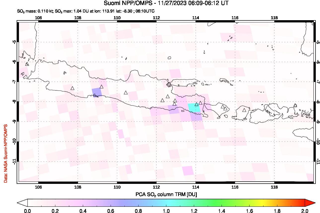 A sulfur dioxide image over Java, Indonesia on Nov 27, 2023.