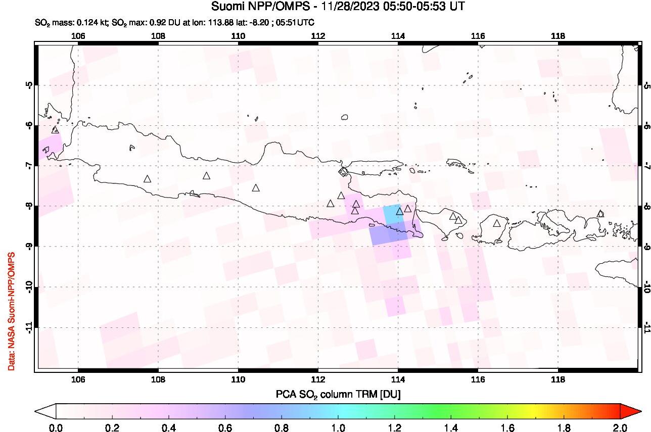 A sulfur dioxide image over Java, Indonesia on Nov 28, 2023.