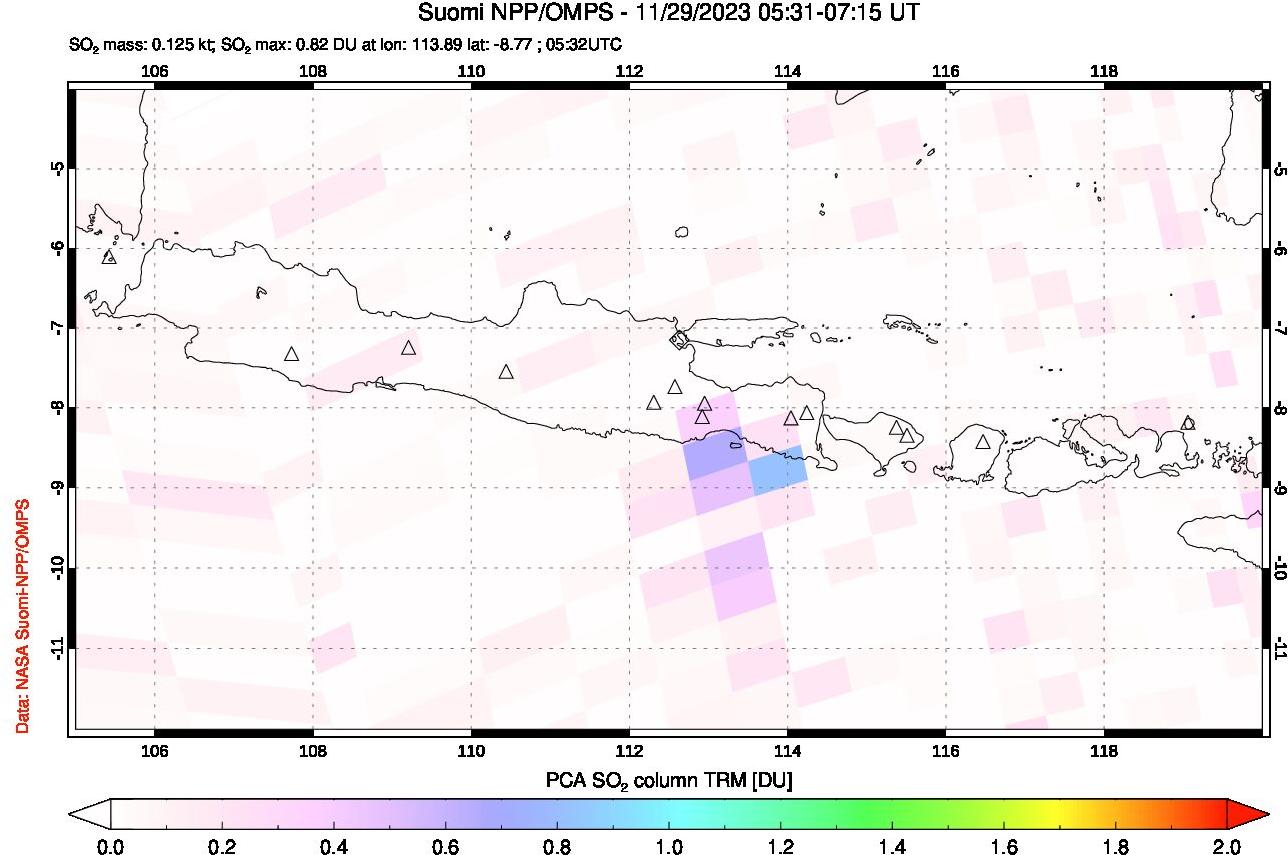 A sulfur dioxide image over Java, Indonesia on Nov 29, 2023.
