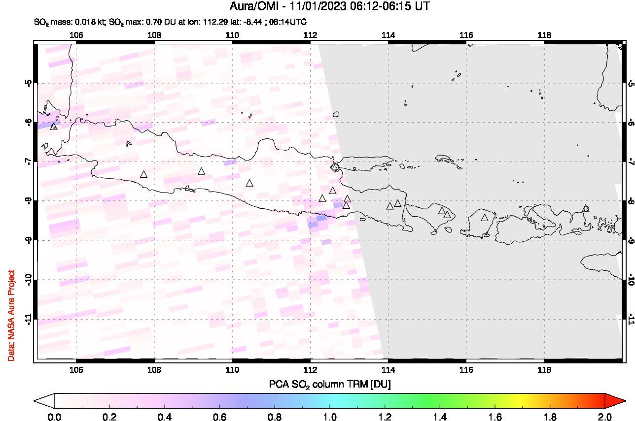 A sulfur dioxide image over Java, Indonesia on Nov 01, 2023.