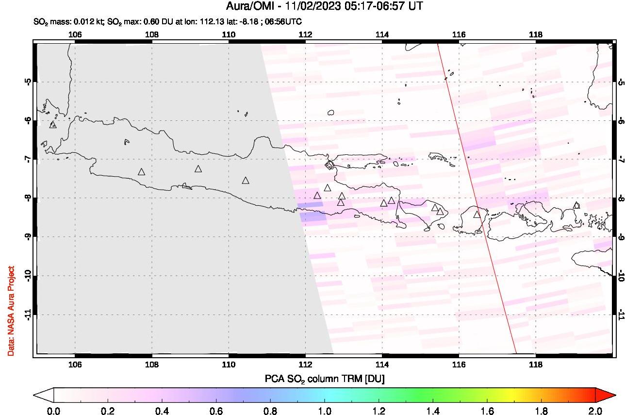 A sulfur dioxide image over Java, Indonesia on Nov 02, 2023.