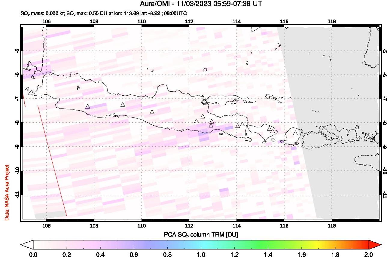 A sulfur dioxide image over Java, Indonesia on Nov 03, 2023.