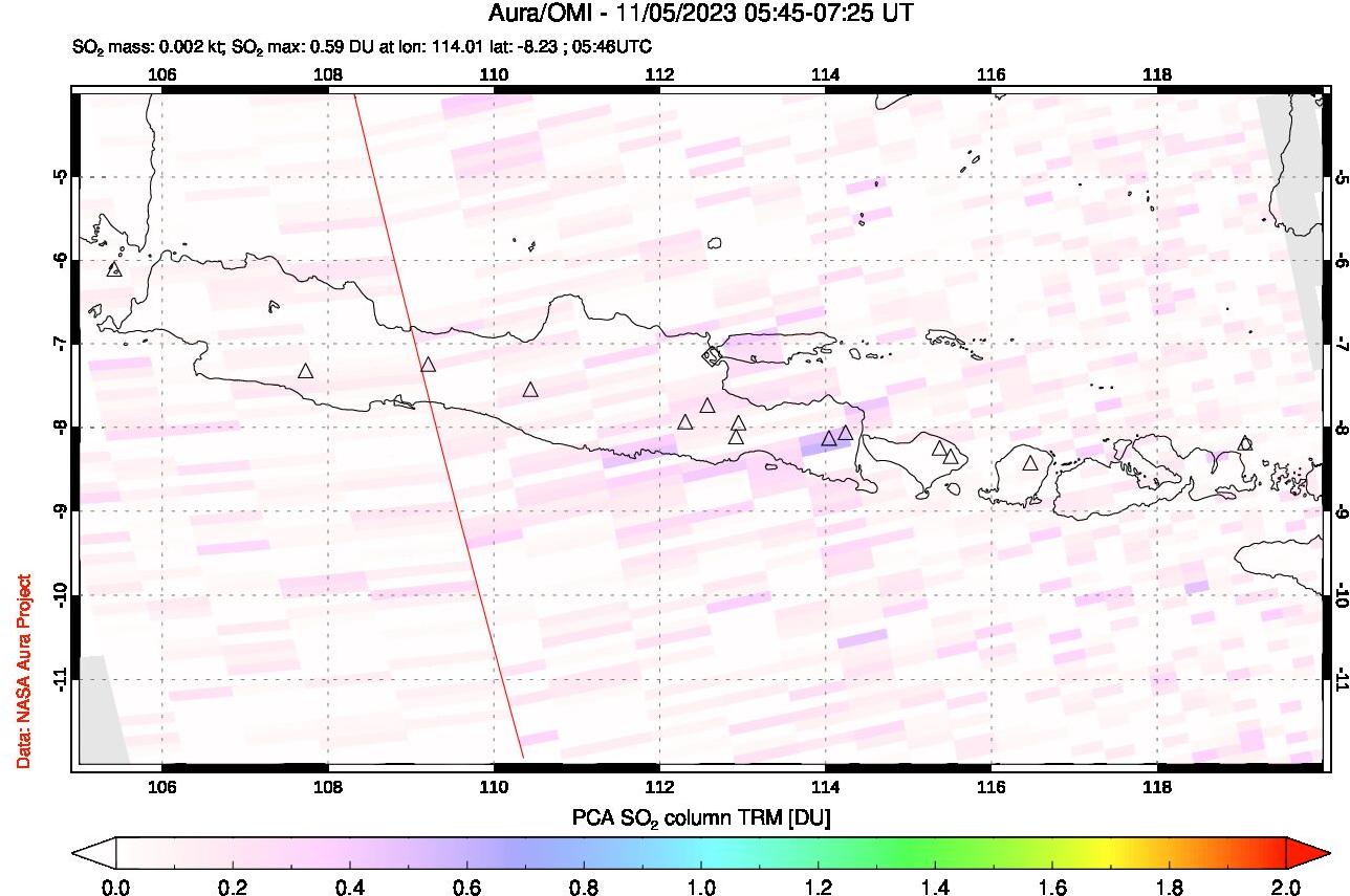 A sulfur dioxide image over Java, Indonesia on Nov 05, 2023.