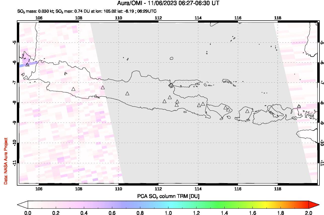 A sulfur dioxide image over Java, Indonesia on Nov 06, 2023.