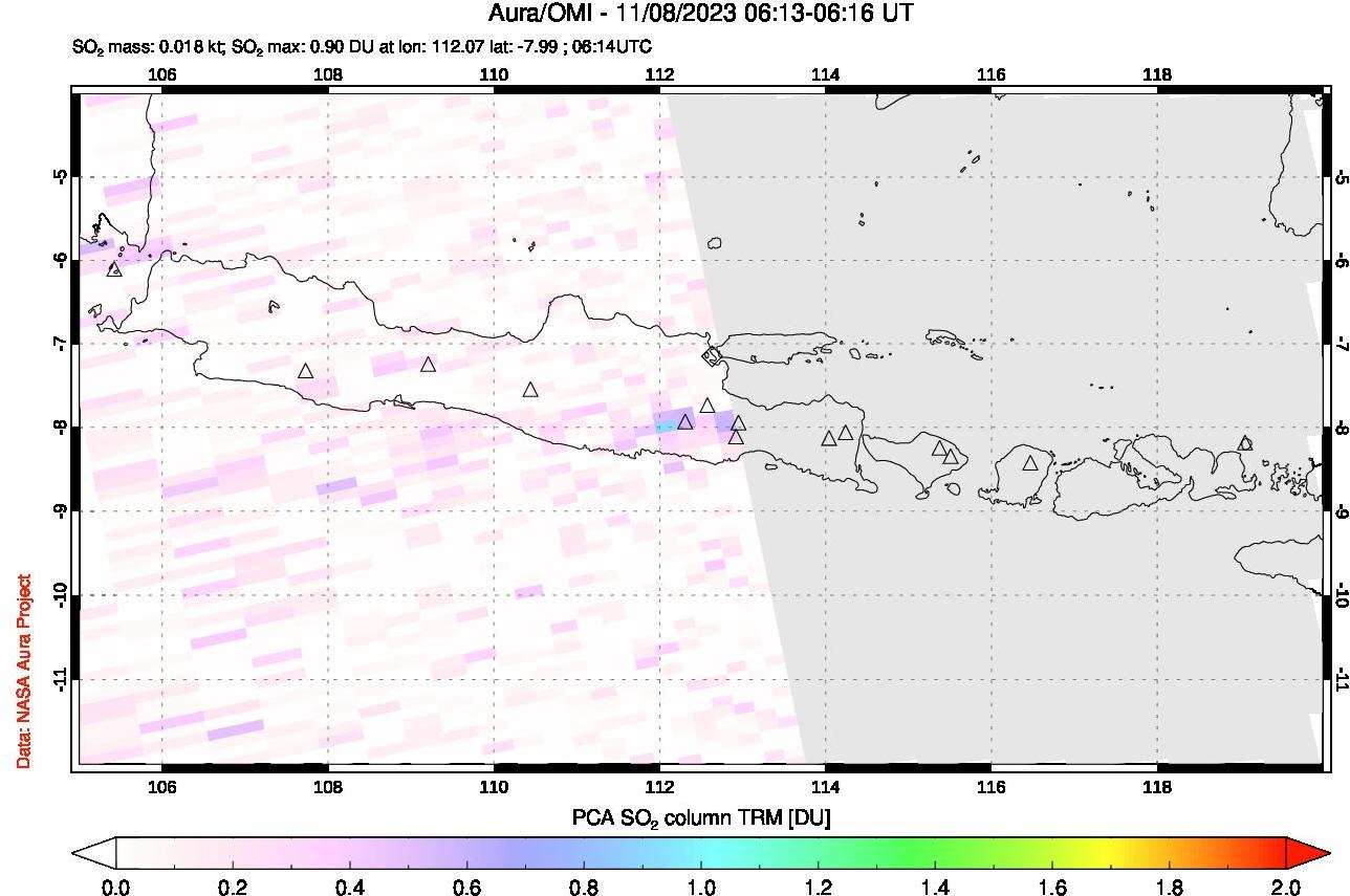 A sulfur dioxide image over Java, Indonesia on Nov 08, 2023.