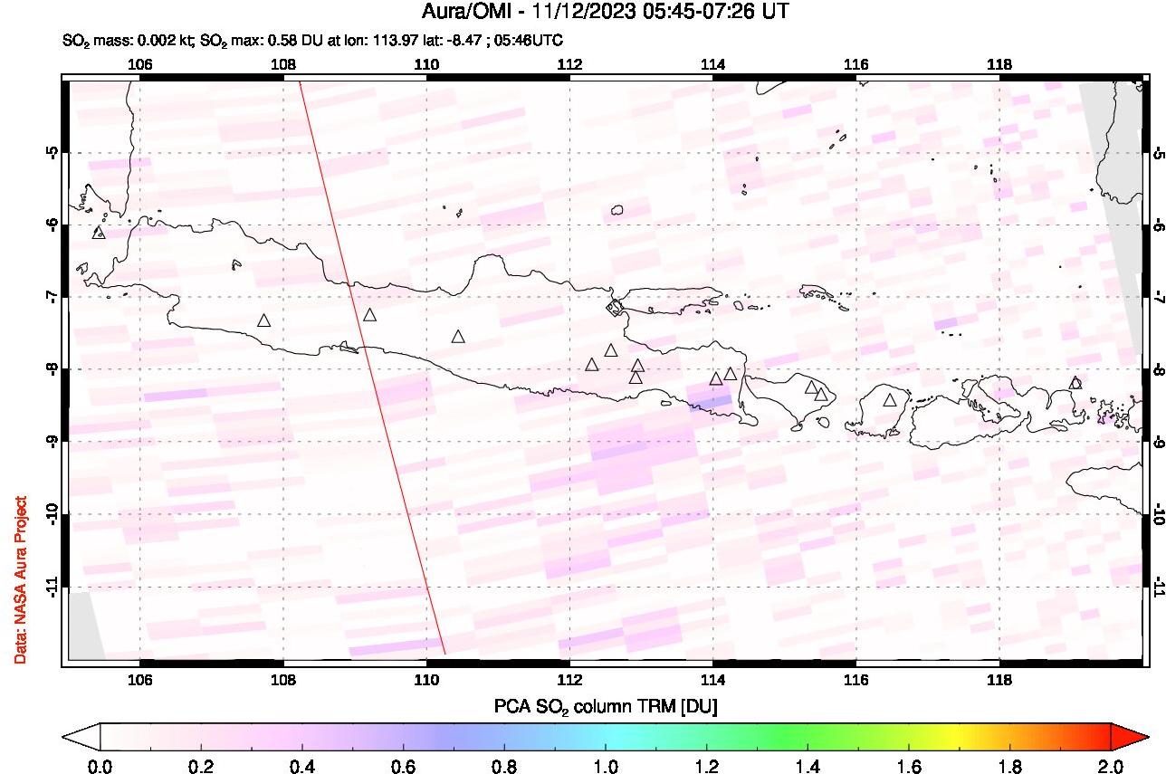 A sulfur dioxide image over Java, Indonesia on Nov 12, 2023.