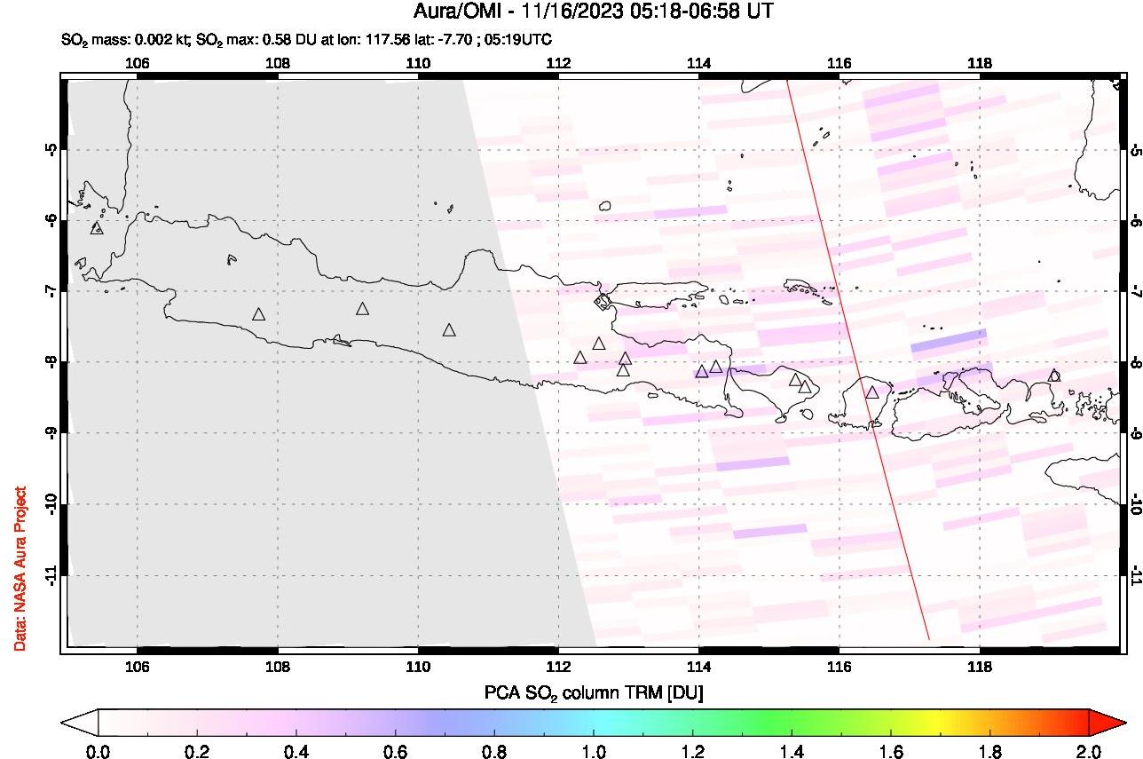 A sulfur dioxide image over Java, Indonesia on Nov 16, 2023.