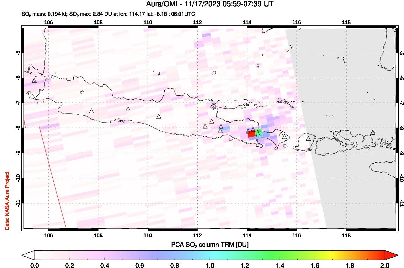 A sulfur dioxide image over Java, Indonesia on Nov 17, 2023.