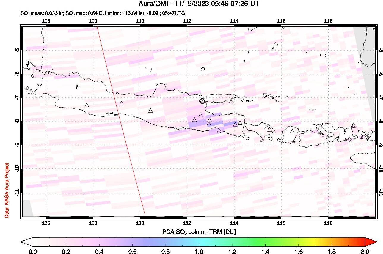 A sulfur dioxide image over Java, Indonesia on Nov 19, 2023.