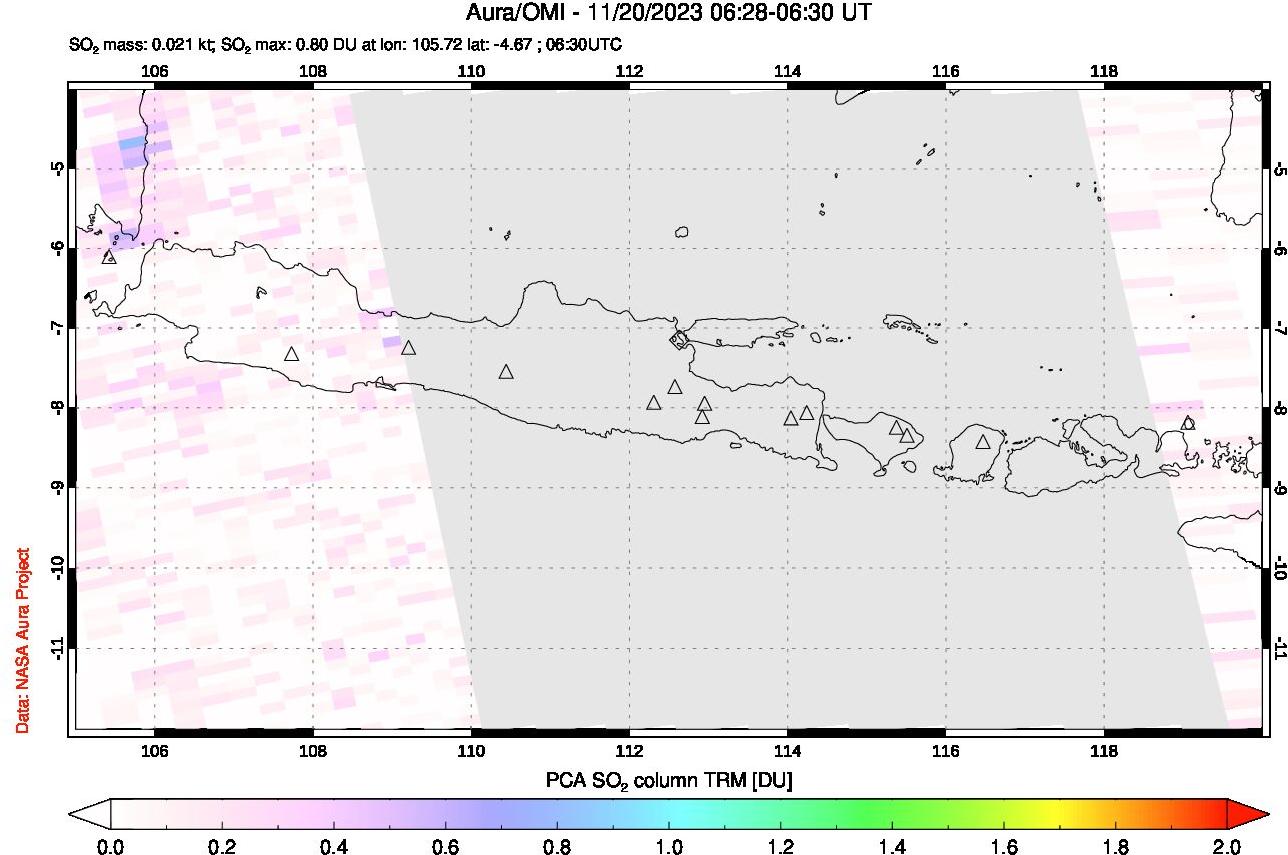 A sulfur dioxide image over Java, Indonesia on Nov 20, 2023.