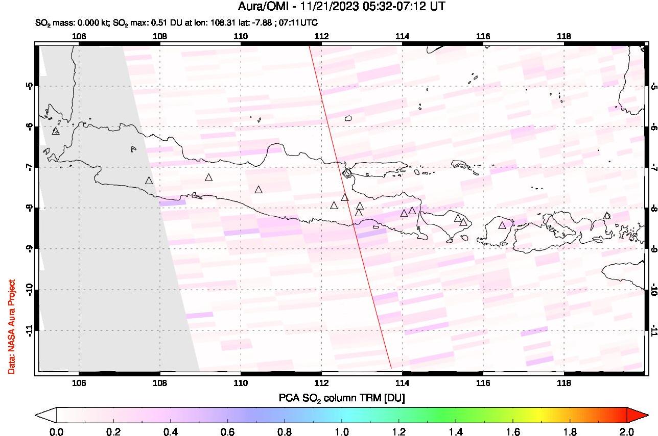 A sulfur dioxide image over Java, Indonesia on Nov 21, 2023.