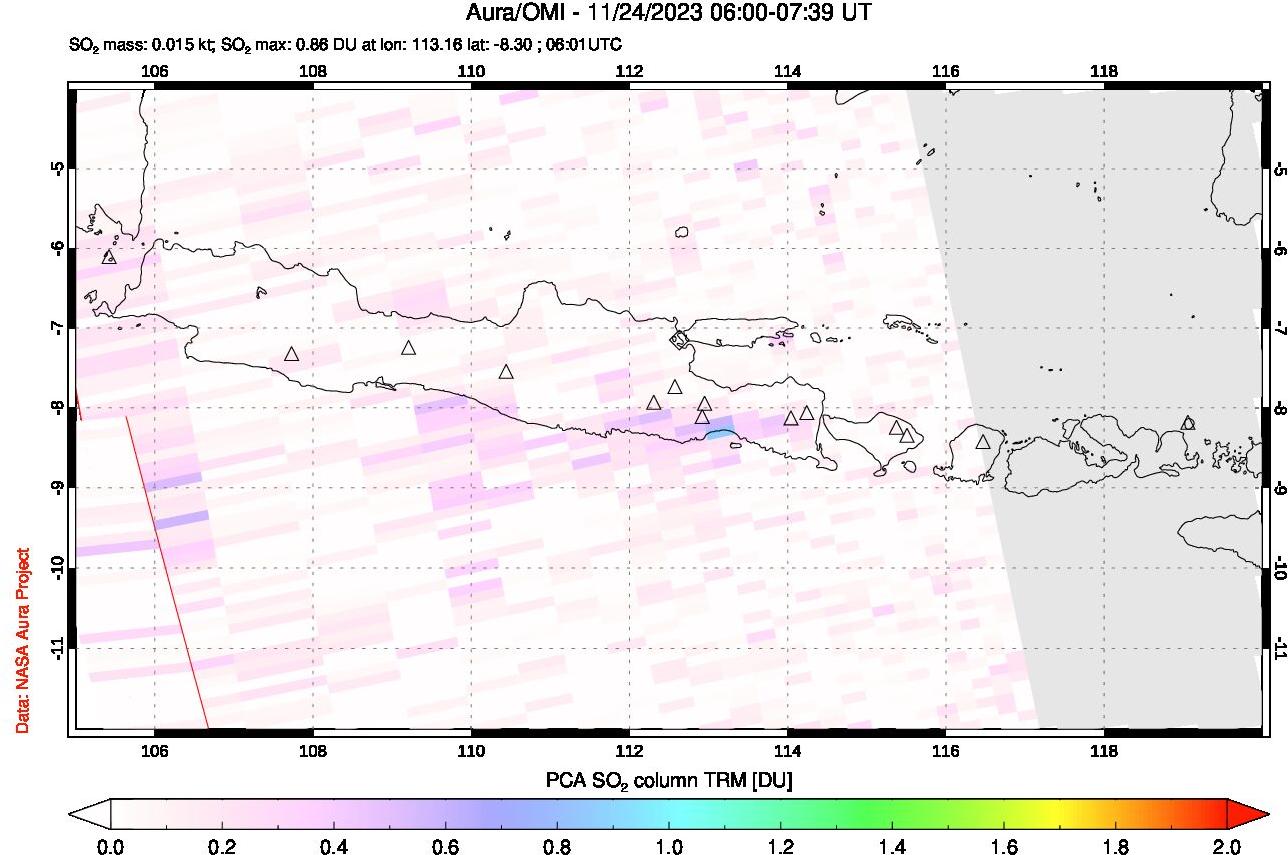 A sulfur dioxide image over Java, Indonesia on Nov 24, 2023.