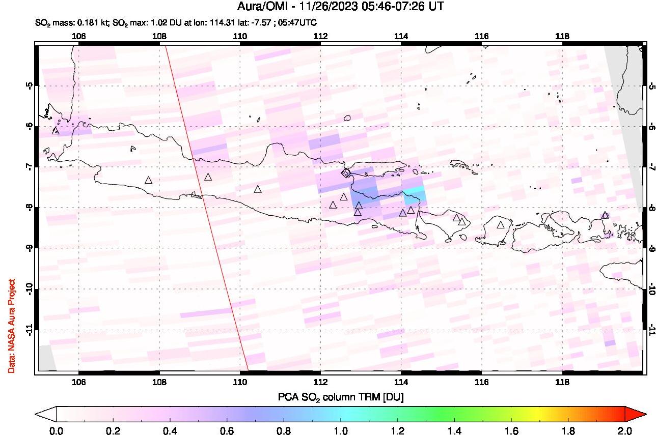 A sulfur dioxide image over Java, Indonesia on Nov 26, 2023.