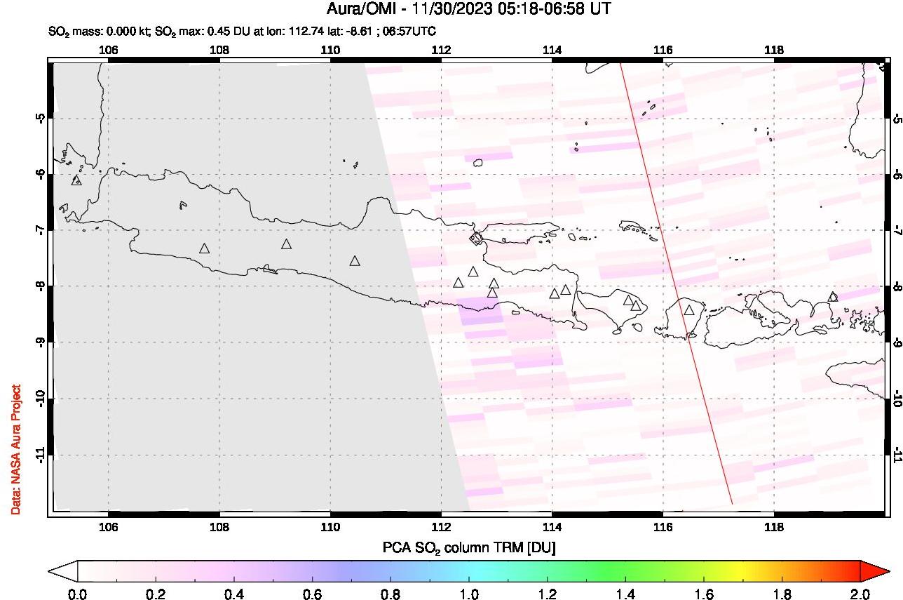 A sulfur dioxide image over Java, Indonesia on Nov 30, 2023.