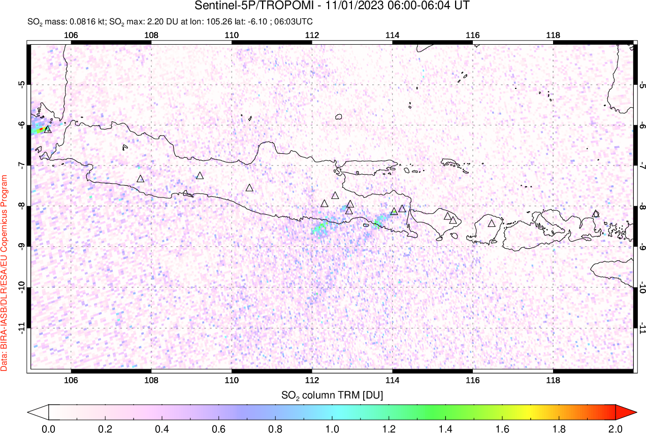 A sulfur dioxide image over Java, Indonesia on Nov 01, 2023.