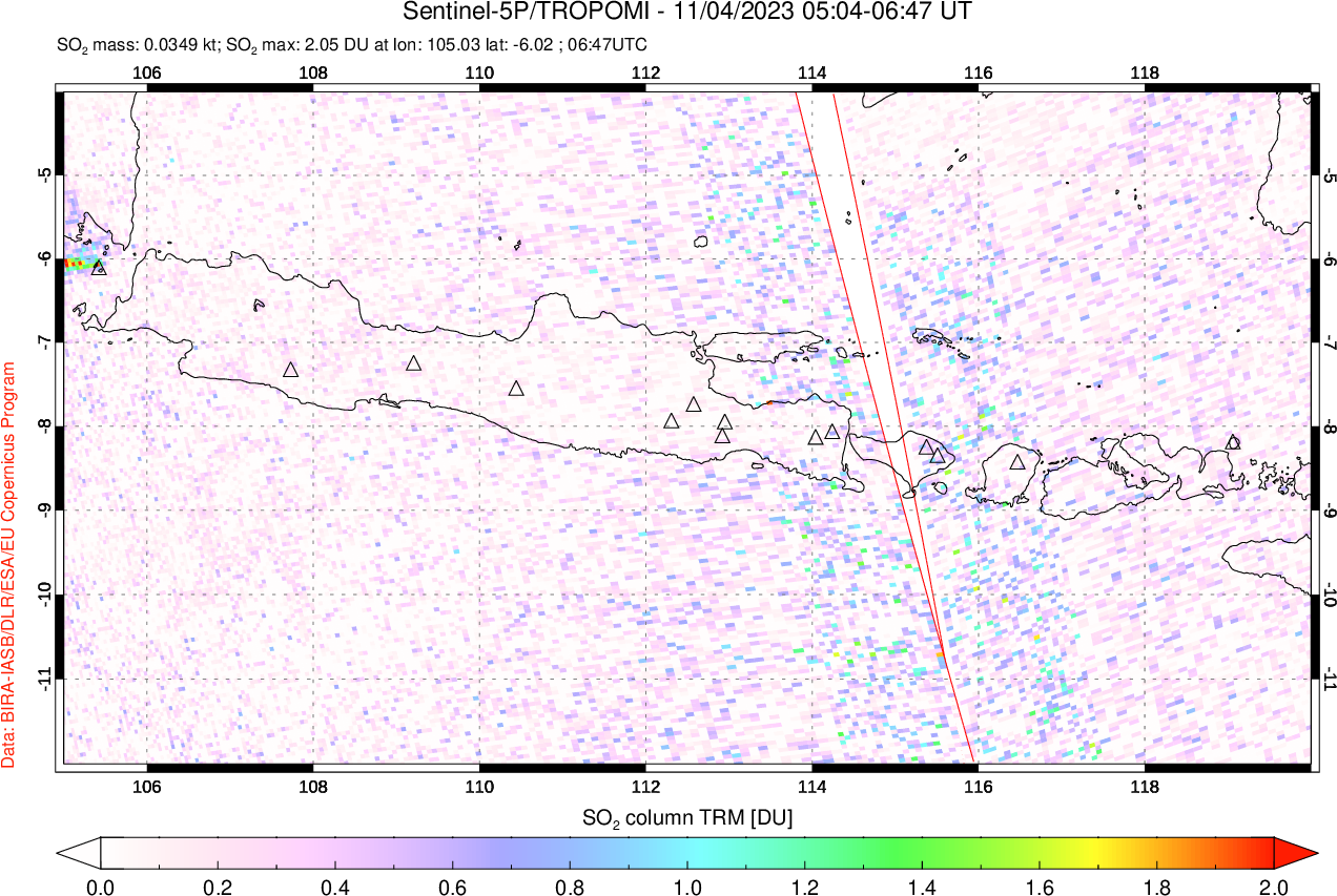 A sulfur dioxide image over Java, Indonesia on Nov 04, 2023.