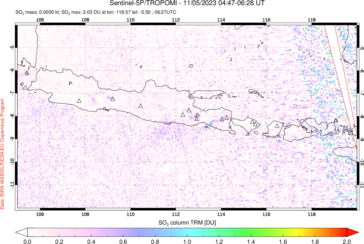 A sulfur dioxide image over Java, Indonesia on Nov 05, 2023.
