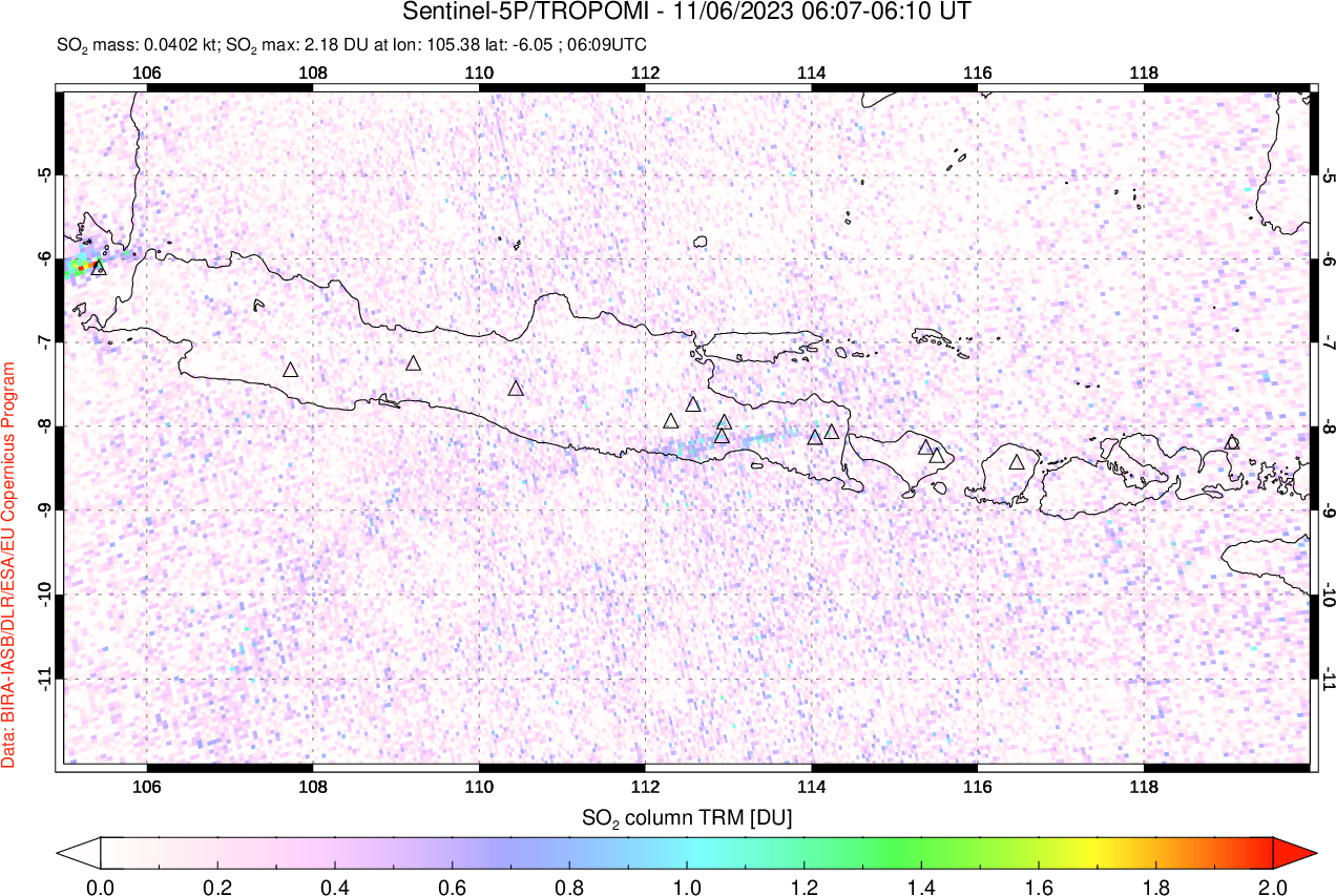 A sulfur dioxide image over Java, Indonesia on Nov 06, 2023.