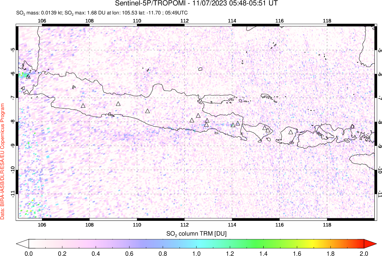 A sulfur dioxide image over Java, Indonesia on Nov 07, 2023.