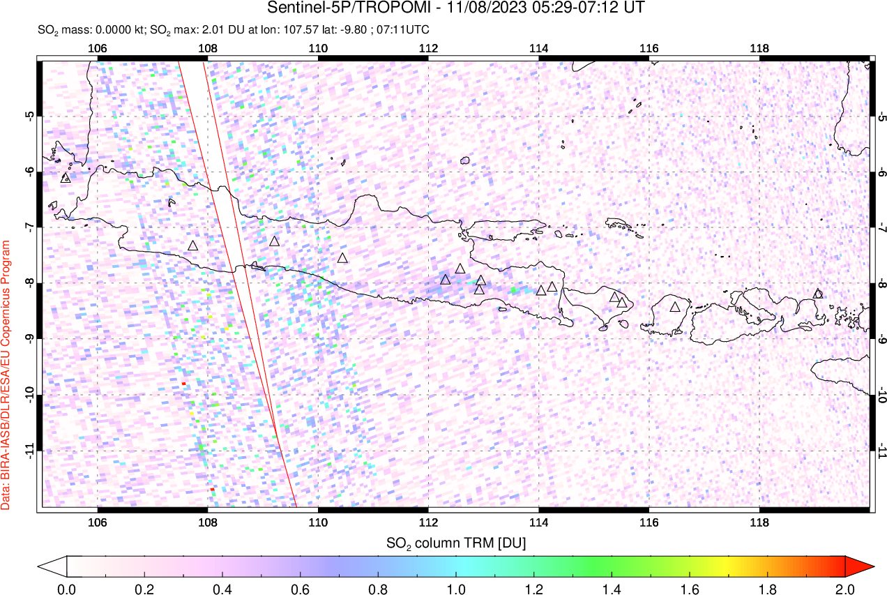 A sulfur dioxide image over Java, Indonesia on Nov 08, 2023.