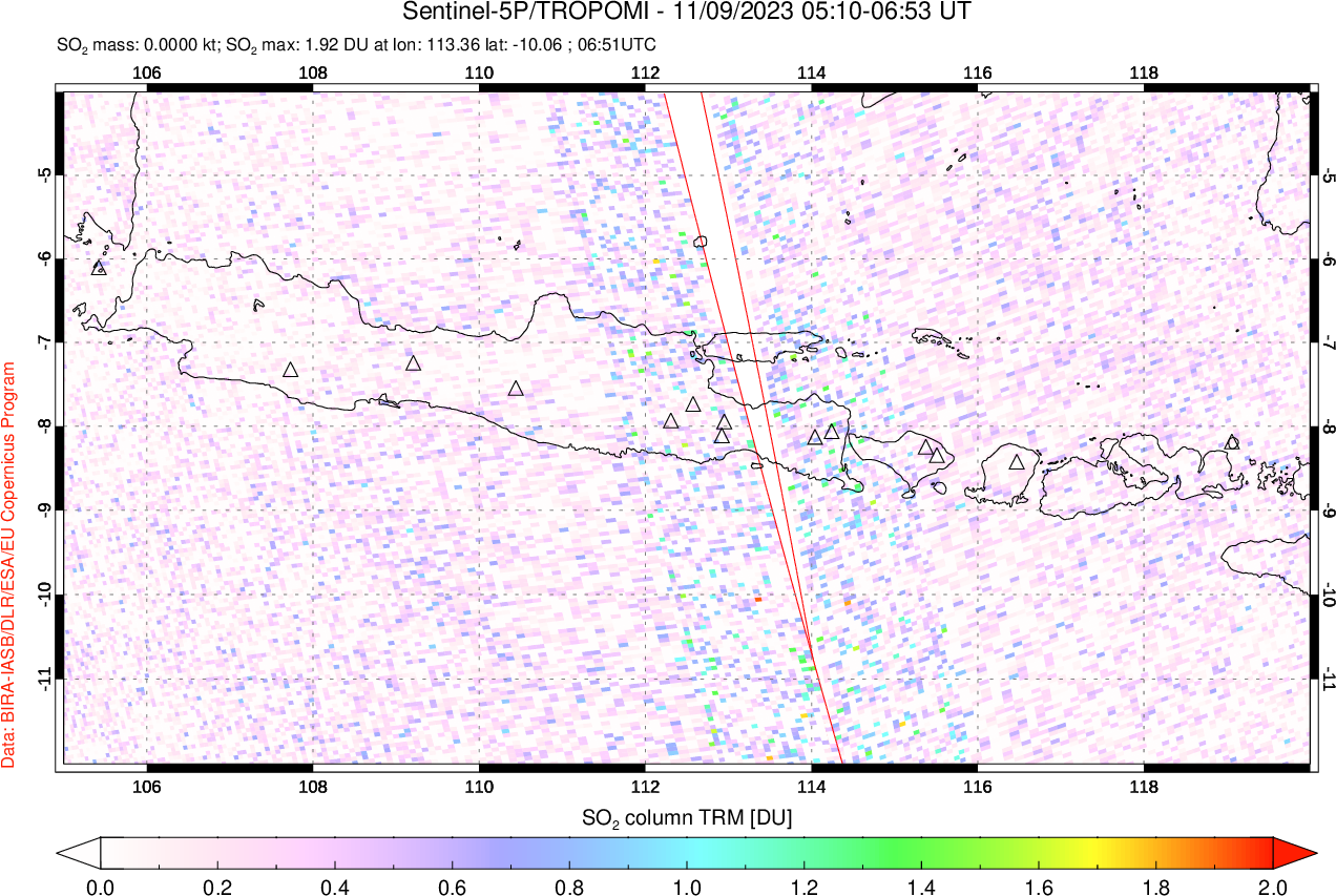 A sulfur dioxide image over Java, Indonesia on Nov 09, 2023.