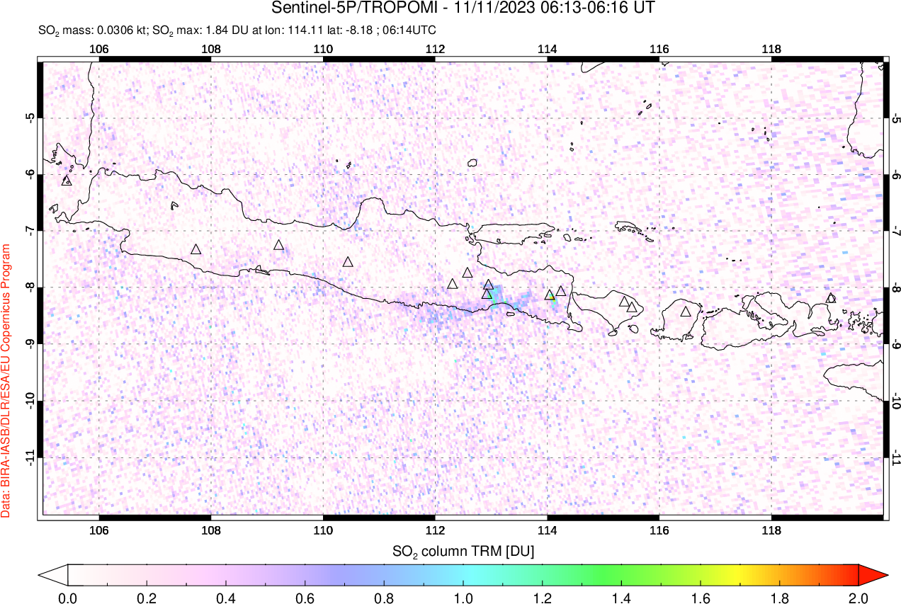 A sulfur dioxide image over Java, Indonesia on Nov 11, 2023.