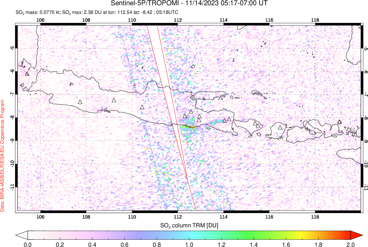 A sulfur dioxide image over Java, Indonesia on Nov 14, 2023.