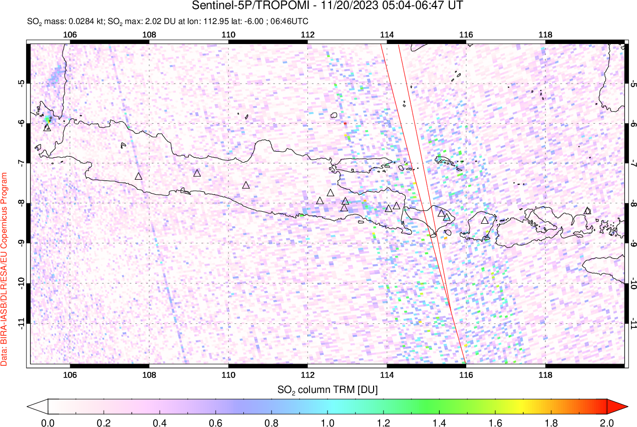 A sulfur dioxide image over Java, Indonesia on Nov 20, 2023.