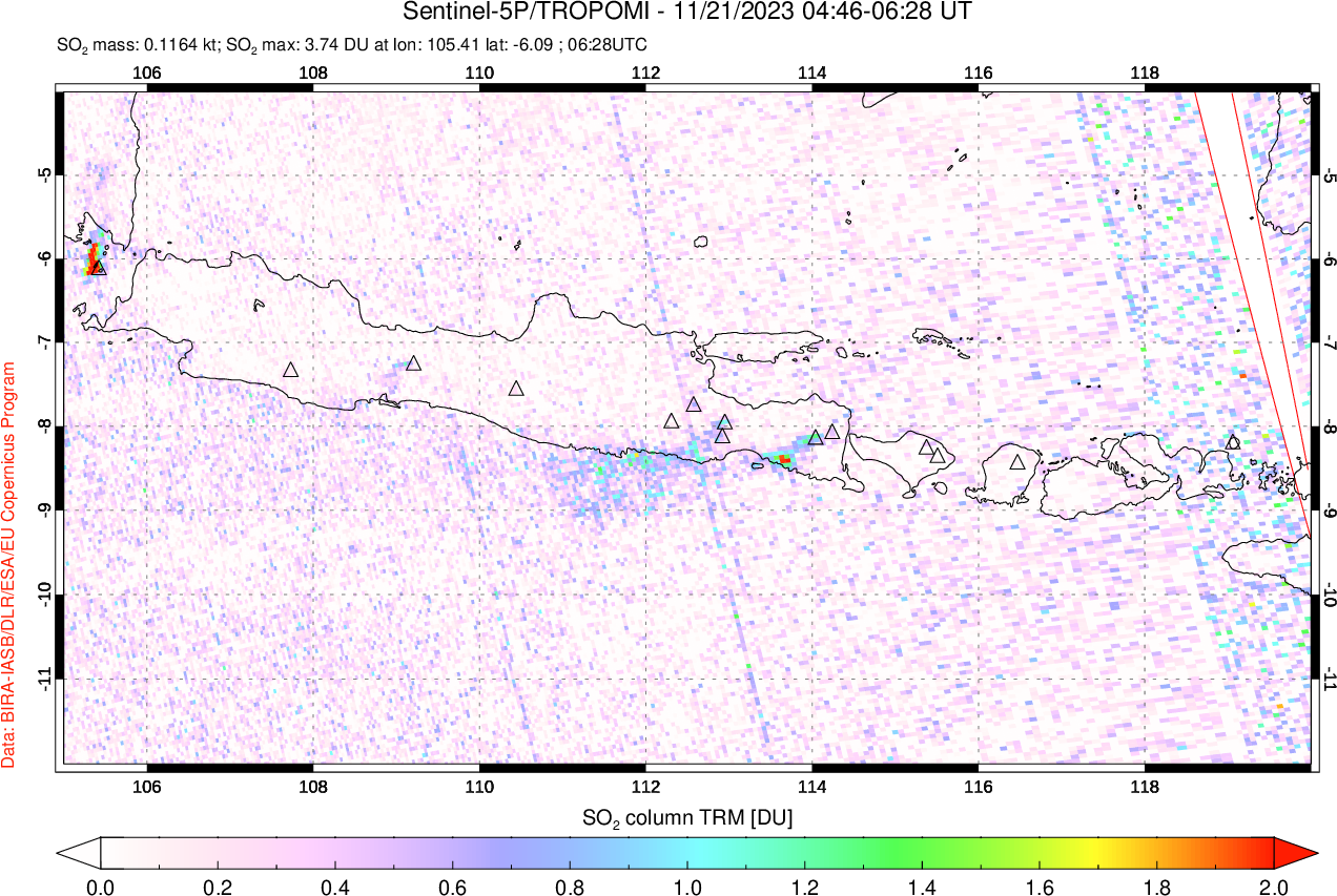 A sulfur dioxide image over Java, Indonesia on Nov 21, 2023.