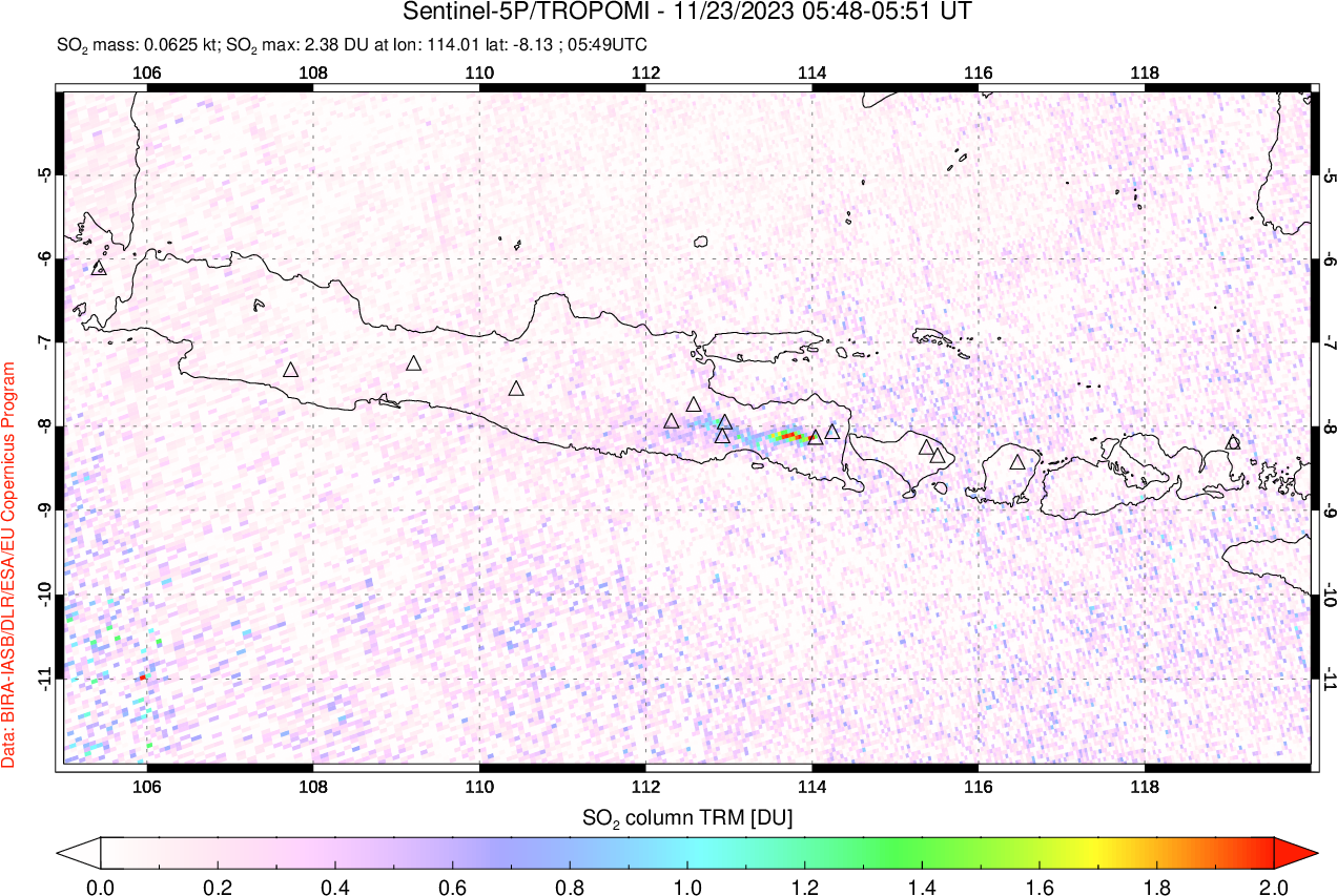A sulfur dioxide image over Java, Indonesia on Nov 23, 2023.