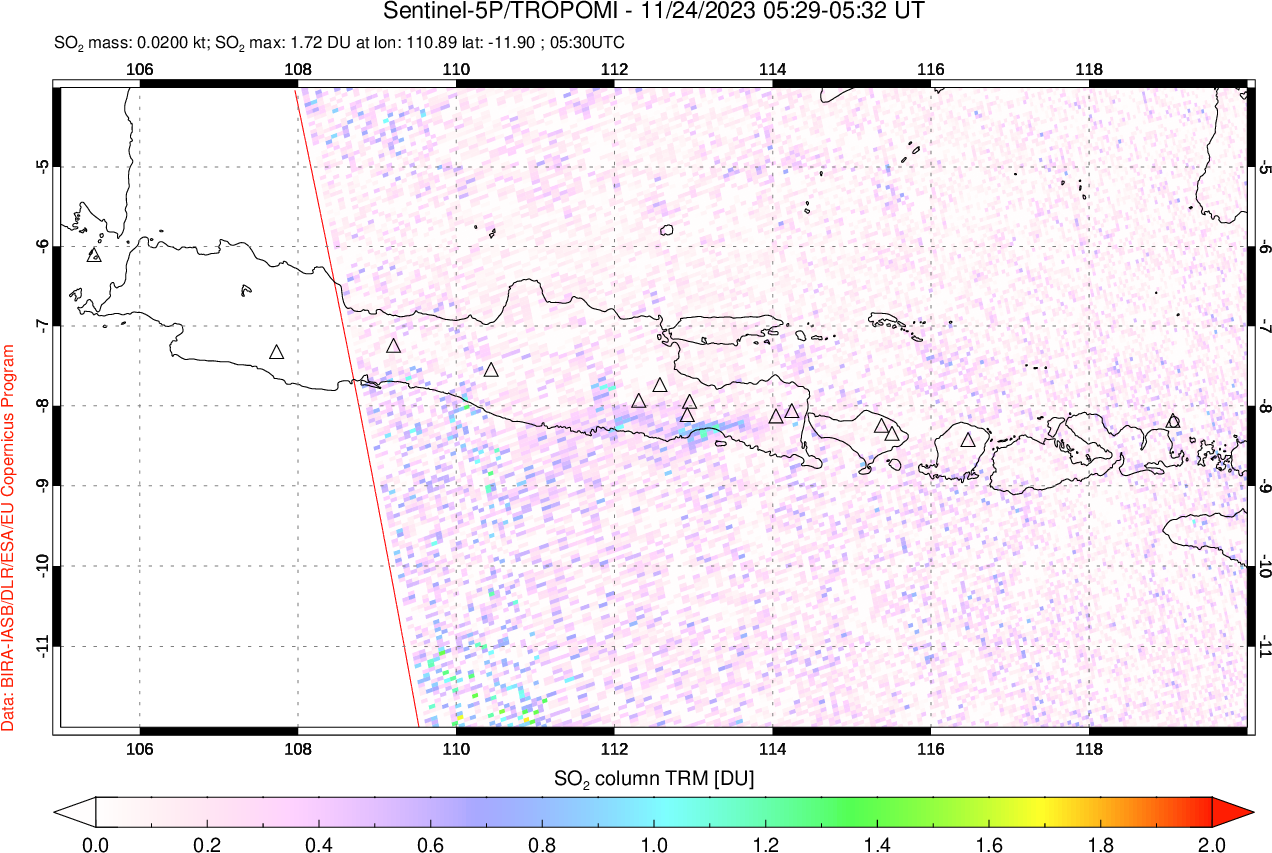 A sulfur dioxide image over Java, Indonesia on Nov 24, 2023.