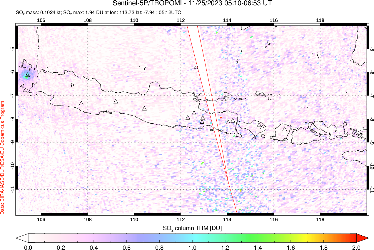 A sulfur dioxide image over Java, Indonesia on Nov 25, 2023.
