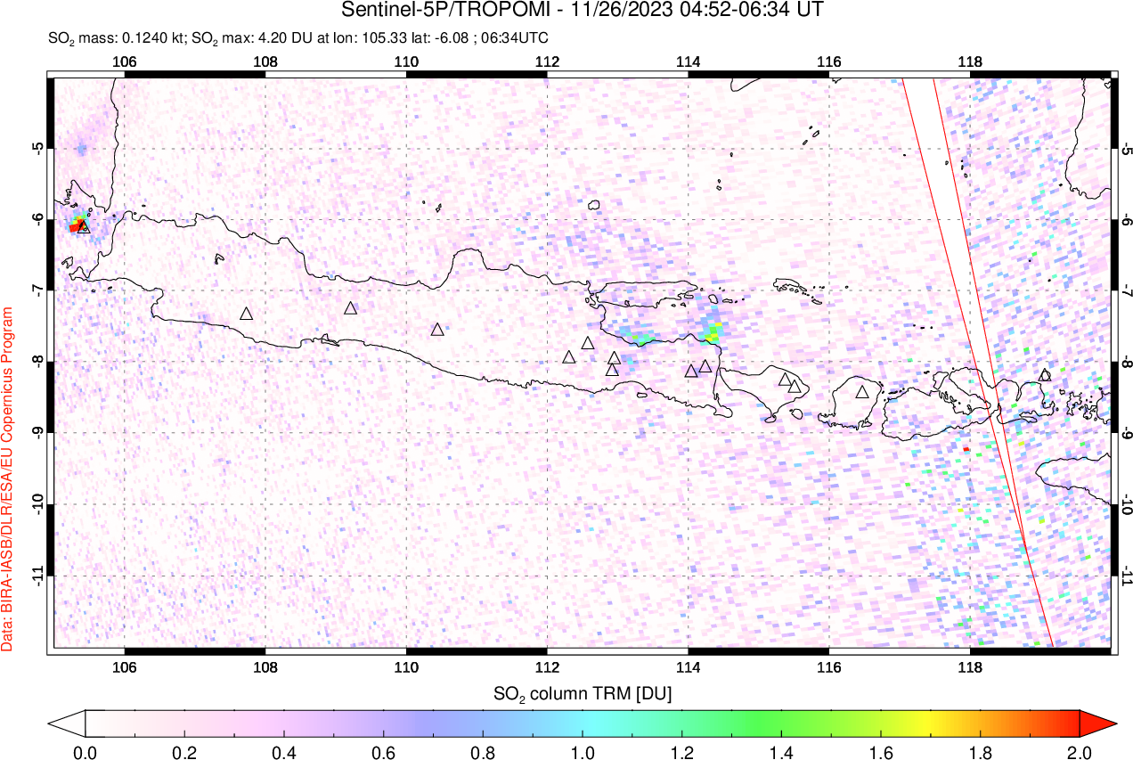 A sulfur dioxide image over Java, Indonesia on Nov 26, 2023.
