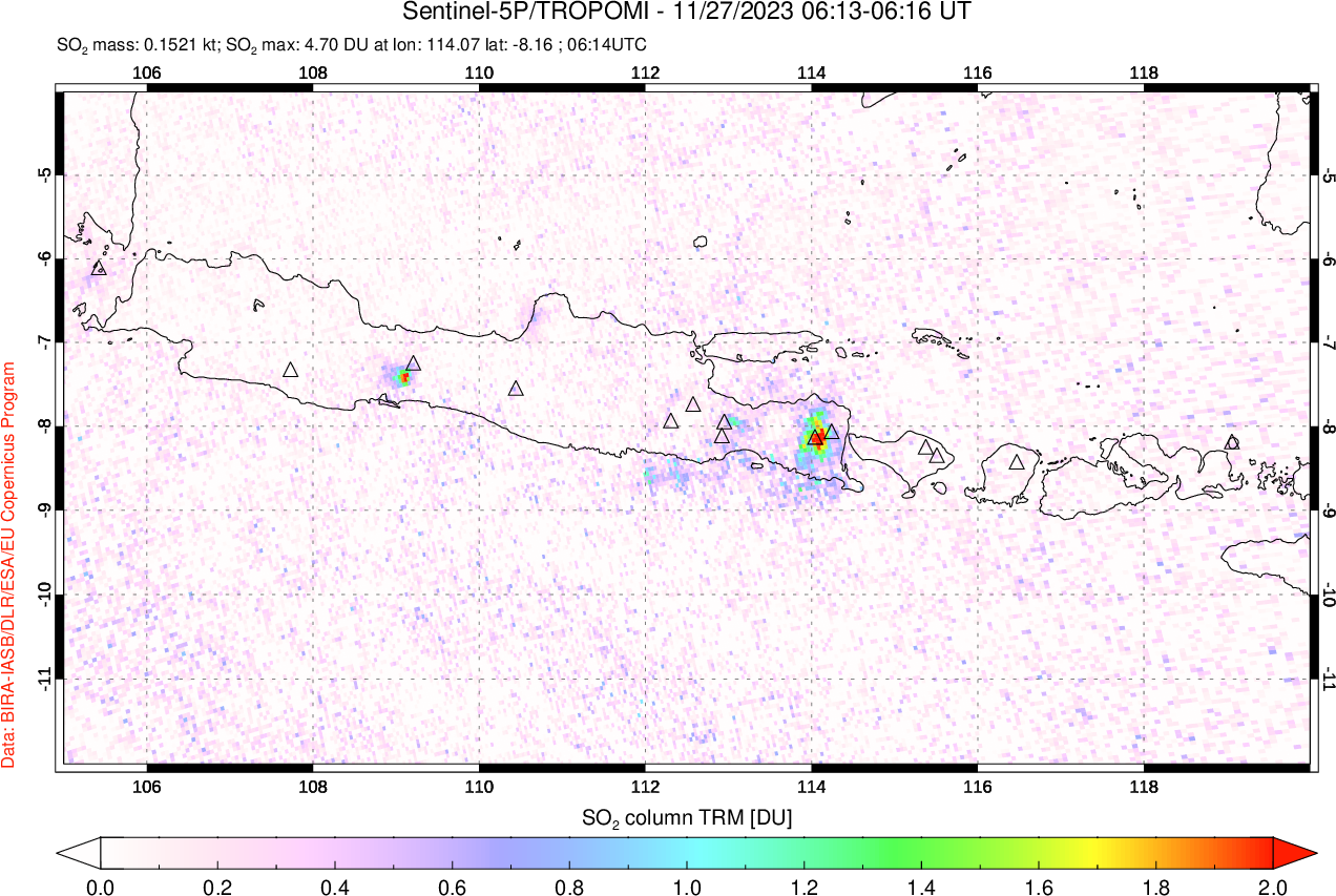 A sulfur dioxide image over Java, Indonesia on Nov 27, 2023.
