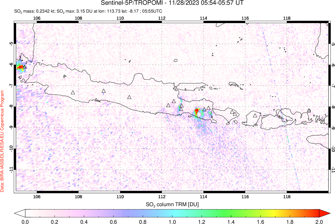 A sulfur dioxide image over Java, Indonesia on Nov 28, 2023.