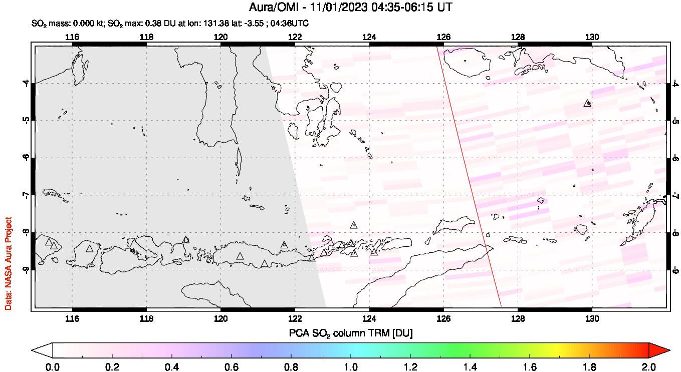 A sulfur dioxide image over Lesser Sunda Islands, Indonesia on Nov 01, 2023.