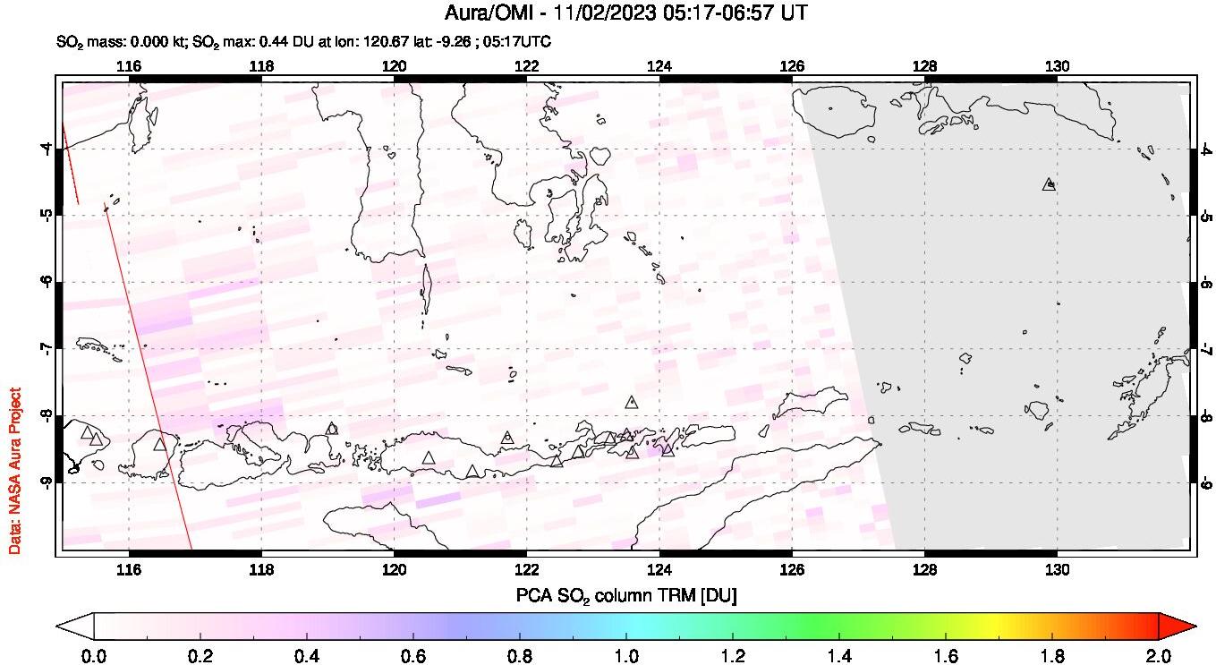 A sulfur dioxide image over Lesser Sunda Islands, Indonesia on Nov 02, 2023.