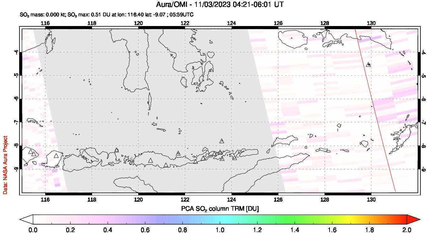 A sulfur dioxide image over Lesser Sunda Islands, Indonesia on Nov 03, 2023.