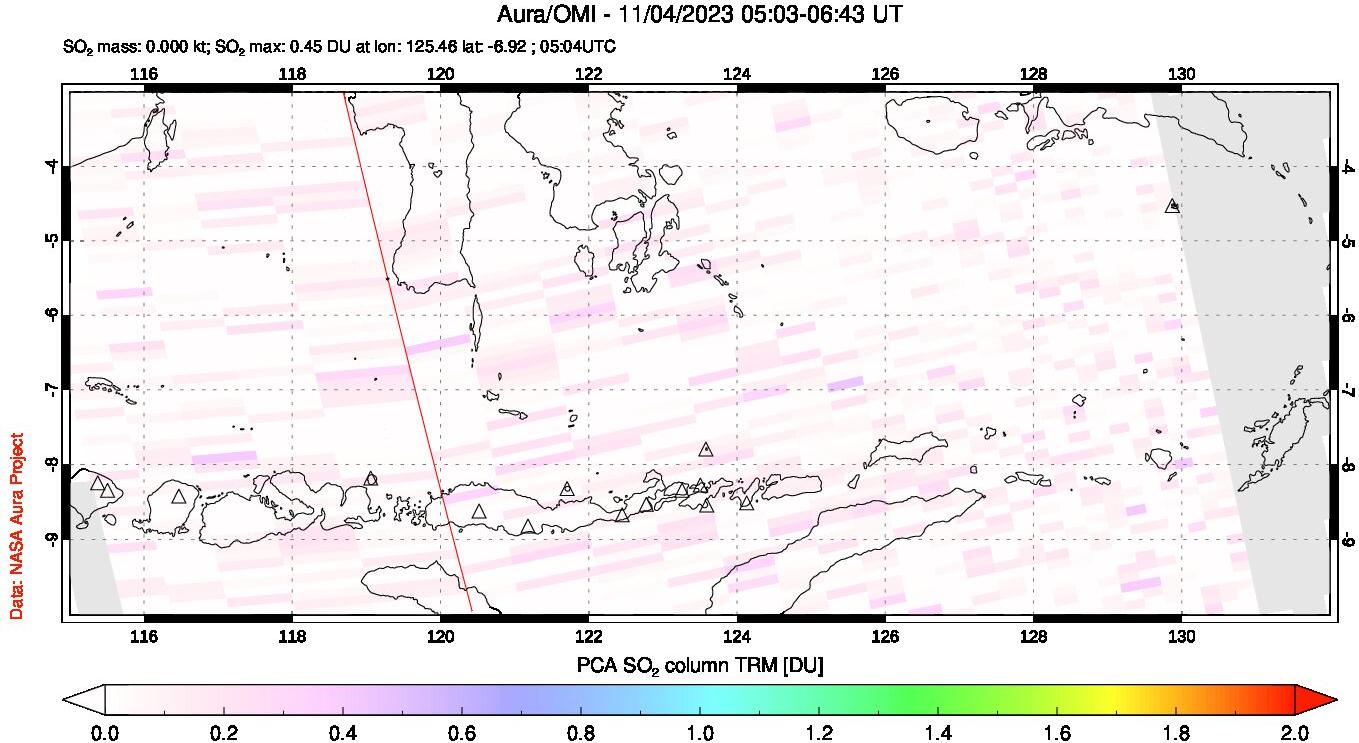 A sulfur dioxide image over Lesser Sunda Islands, Indonesia on Nov 04, 2023.