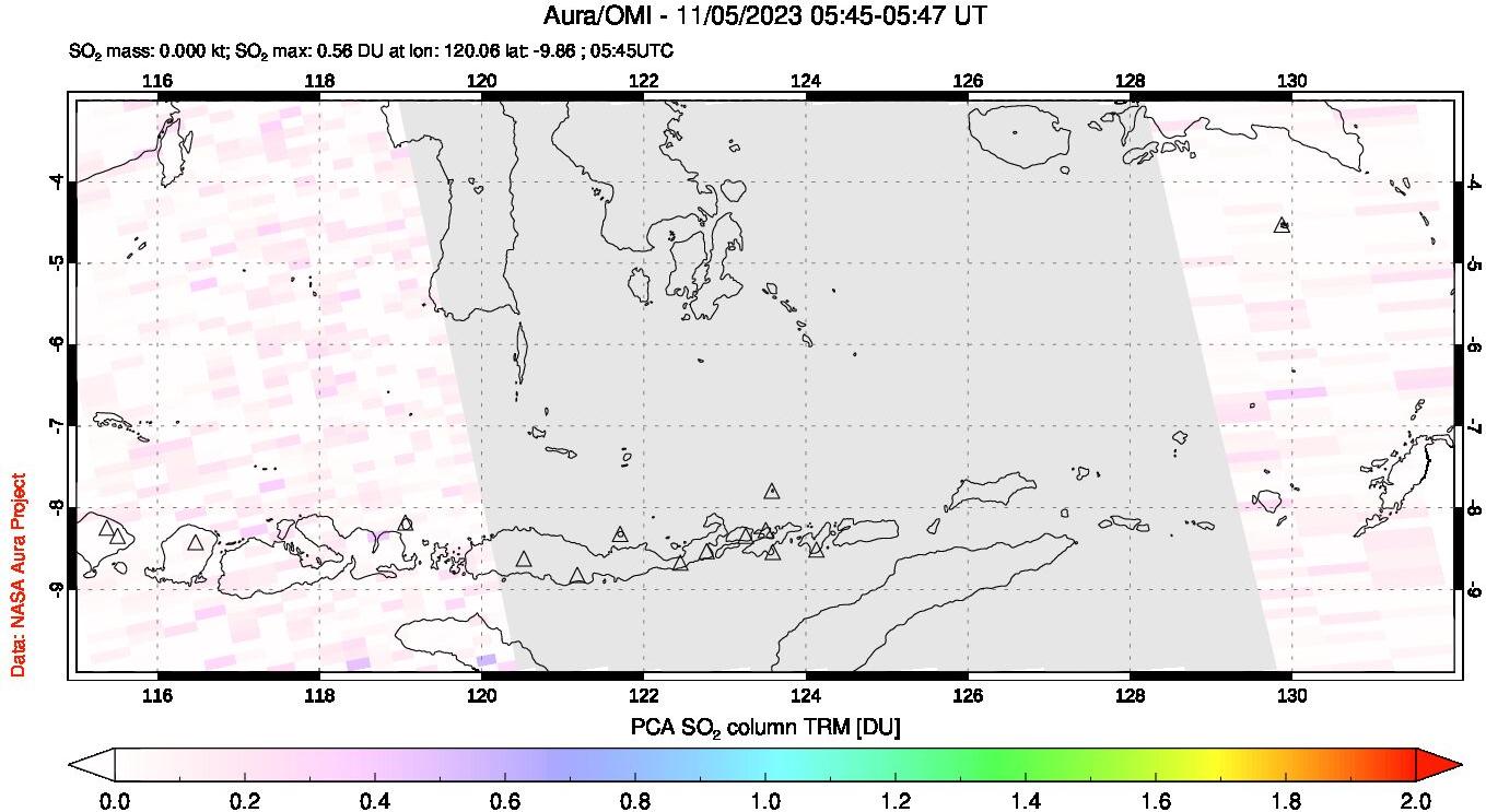 A sulfur dioxide image over Lesser Sunda Islands, Indonesia on Nov 05, 2023.