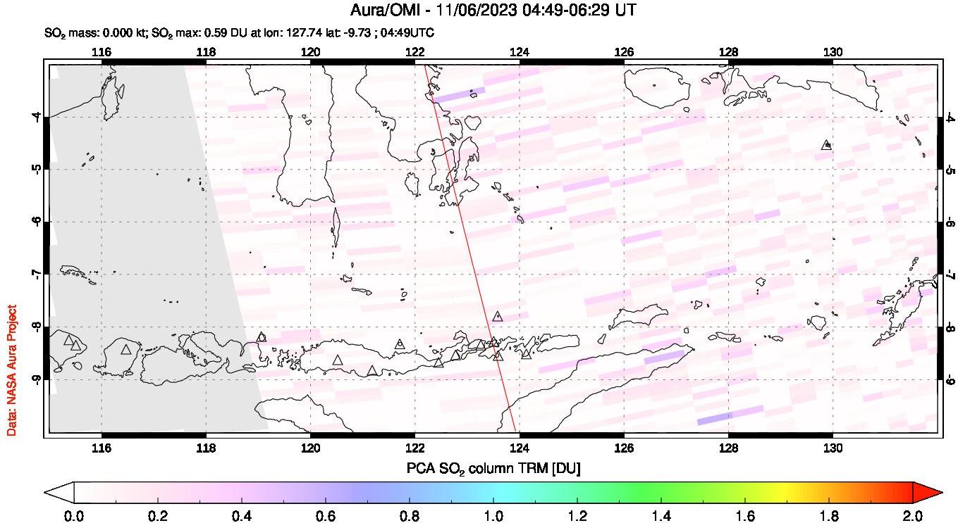 A sulfur dioxide image over Lesser Sunda Islands, Indonesia on Nov 06, 2023.