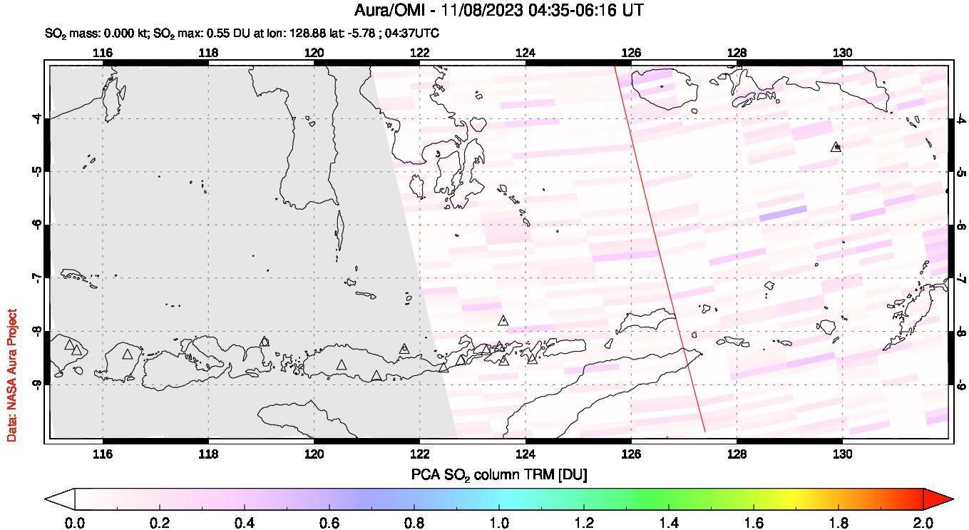 A sulfur dioxide image over Lesser Sunda Islands, Indonesia on Nov 08, 2023.