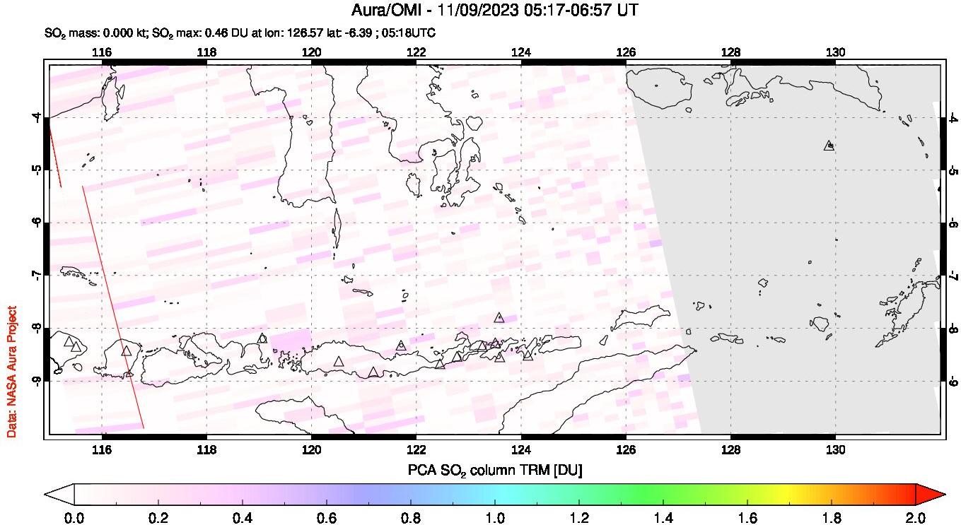 A sulfur dioxide image over Lesser Sunda Islands, Indonesia on Nov 09, 2023.