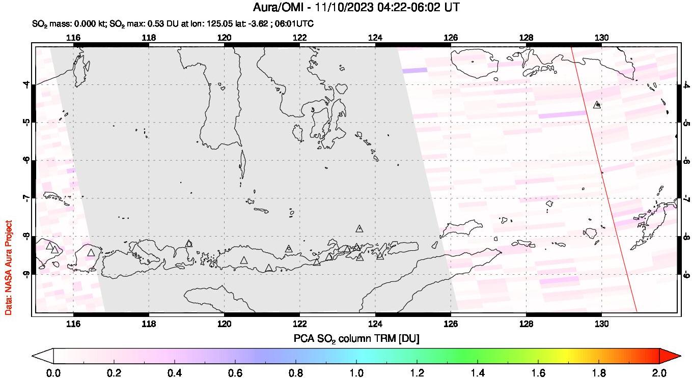 A sulfur dioxide image over Lesser Sunda Islands, Indonesia on Nov 10, 2023.