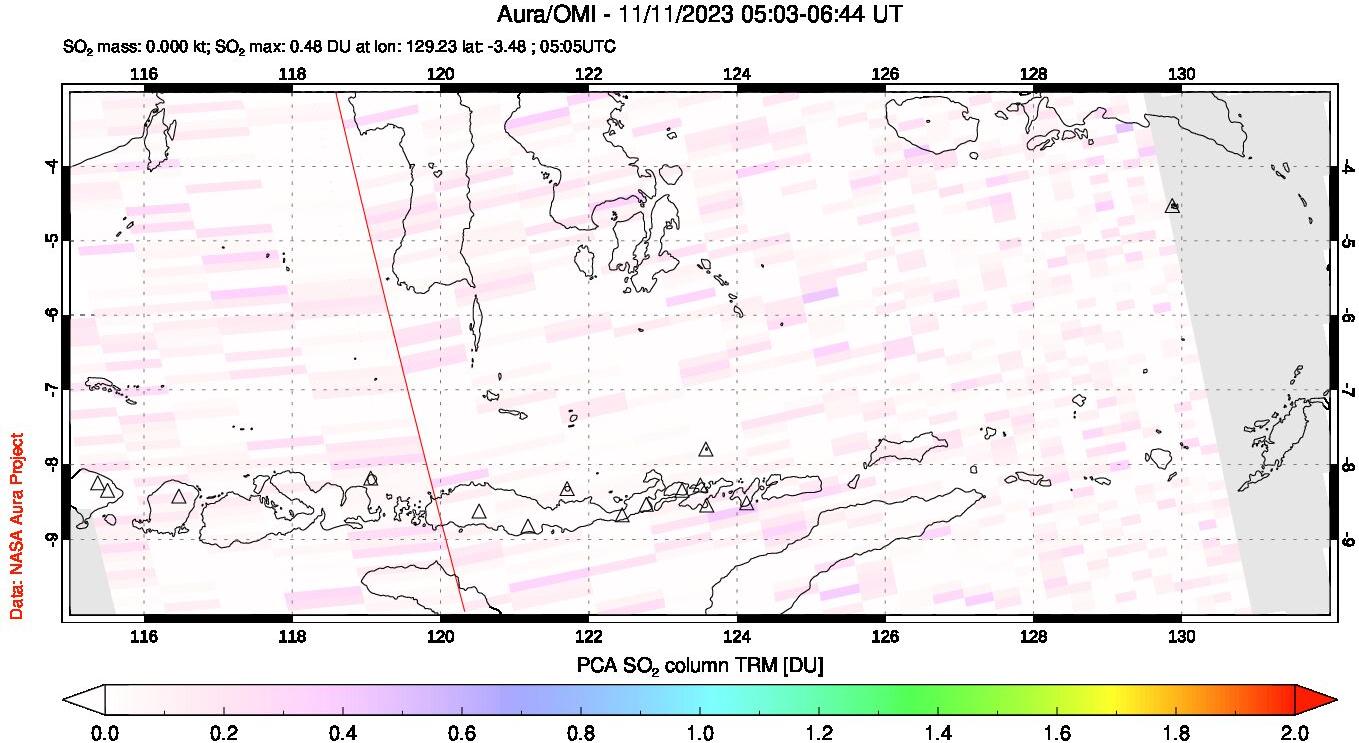 A sulfur dioxide image over Lesser Sunda Islands, Indonesia on Nov 11, 2023.